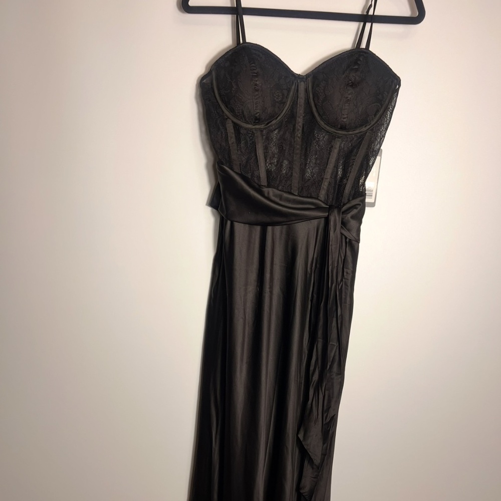 Bebe Black Lace Bustier Satin Midi Dress